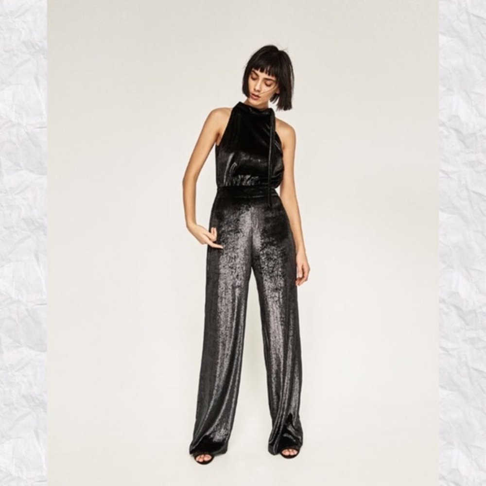 Zara Black Shimmer Velvet Tie Neck Jumpsuit